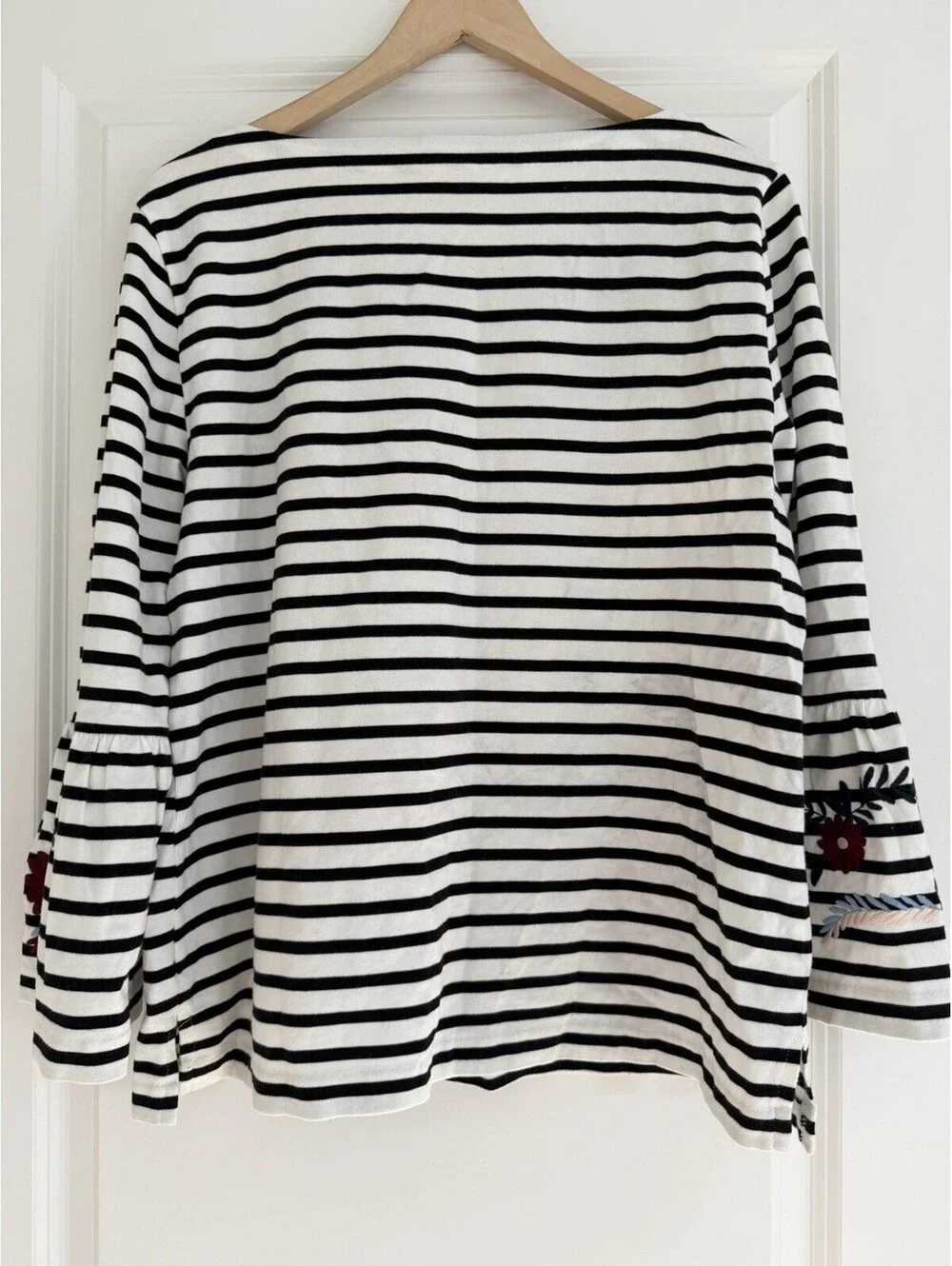 J.Crew Women’s Striped Floral Embroidered Bell Sleeve Top Size L French Nautical